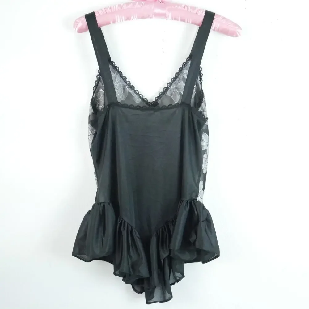 Vintage Medium Slip Top Sheer Floral Ruffle Dainty Coquette Black 90s Grunge - Picture 5 of 6